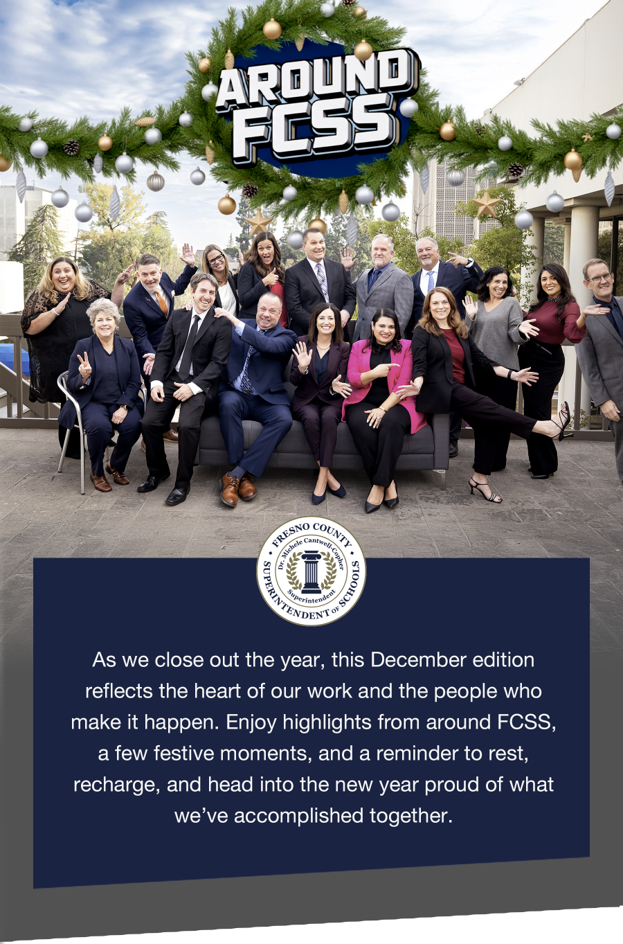 The hero image shows a picture of the Superintendent's Cabinet shooting "a silly one" for the holiday picture.