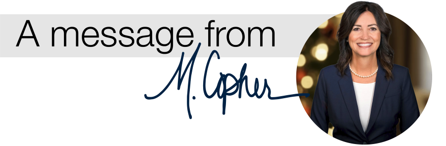 A banner that shows Dr. Copher in a holiday setting that says, "A message from Michele."