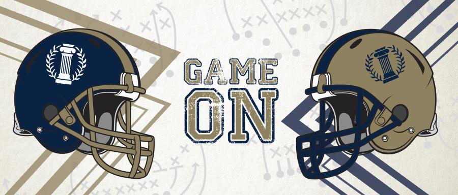 Two Illustrated Football Helmets face each other with the FCSS logos on them