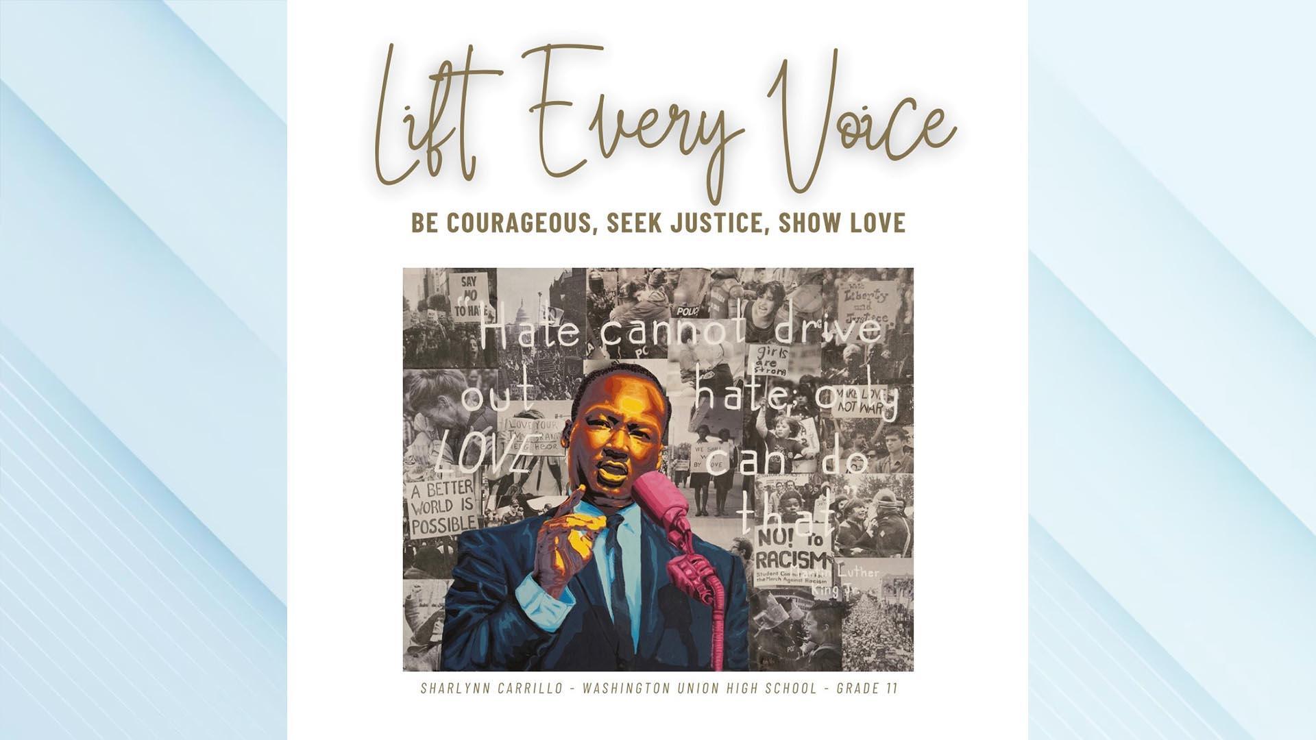 A poster of the winning artwork featuring Dr. Martin Luther King Jr. speaking at a microphone with text surrounding the image from one of his quotes.