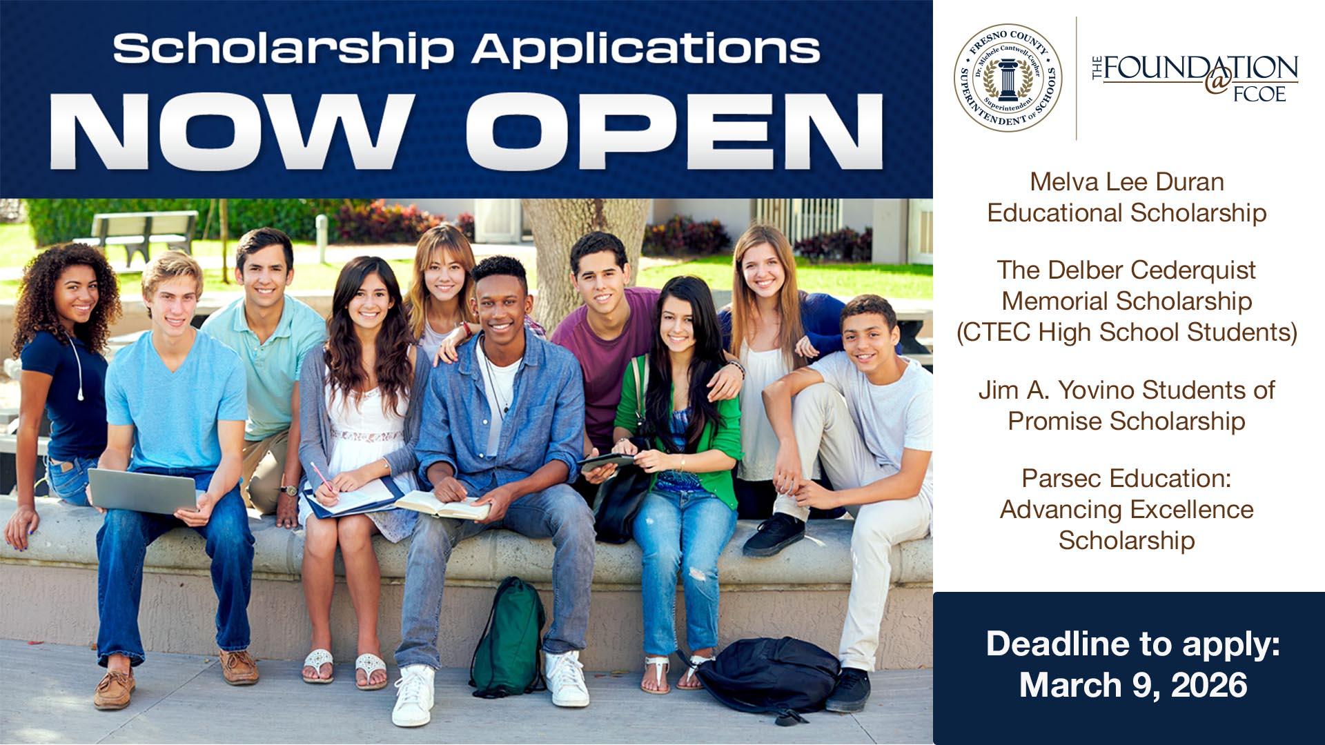 A graphic of the scholarship application with students sitting together, smiling.