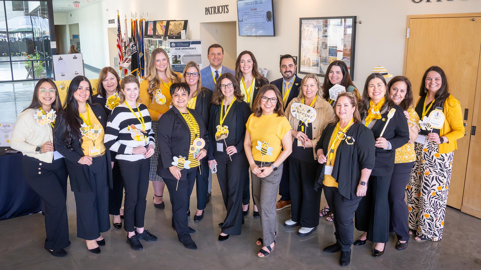 A group of people are standing together. 