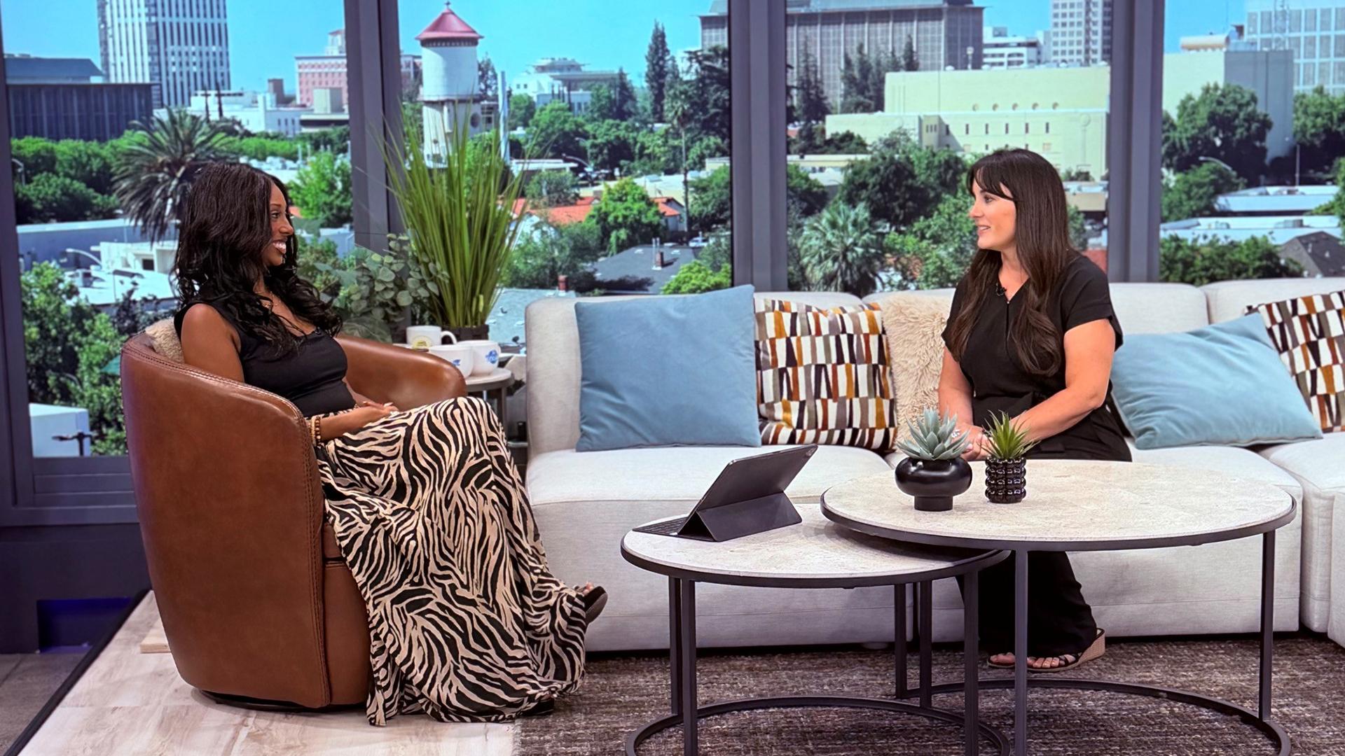Amy Luna visits a local news show.